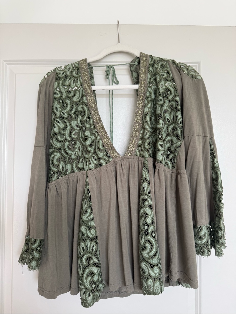 POL Olive Green Crochet V-Neck Blouse